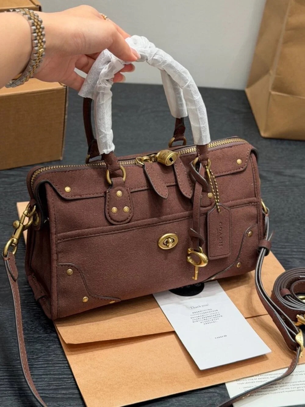 Coach Brown Suede Satchel with Gold Hardware and Removable Strap